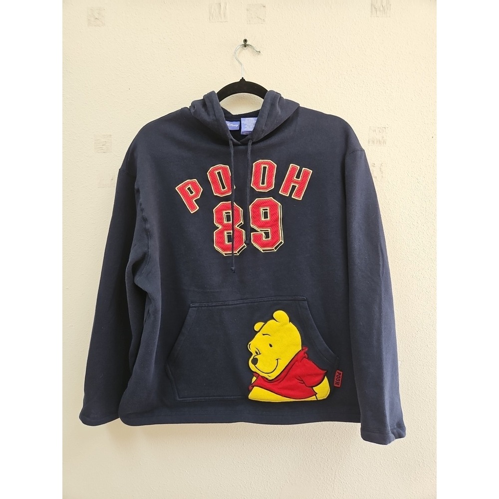 Disney Winnie the Pooh Vintage Hoodie Navy Blue Large Pooh Bear Patch Pullover